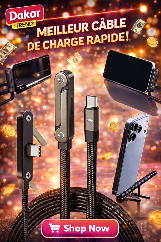 Câble Charge Ultra Rapide 240W avec Support Téléphone Intégré – Regardez Vos Vidéos Pendant la Charge | Dakar Trend