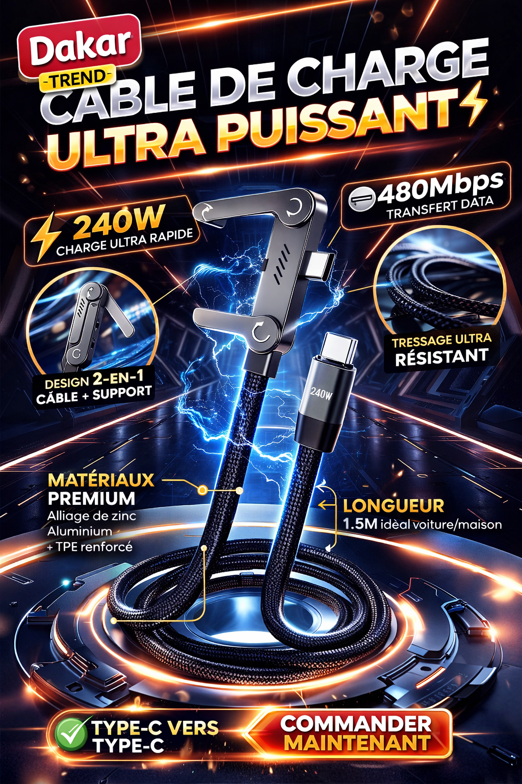 Câble Charge Ultra Rapide 240W avec Support Téléphone Intégré – Regardez Vos Vidéos Pendant la Charge | Dakar Trend
