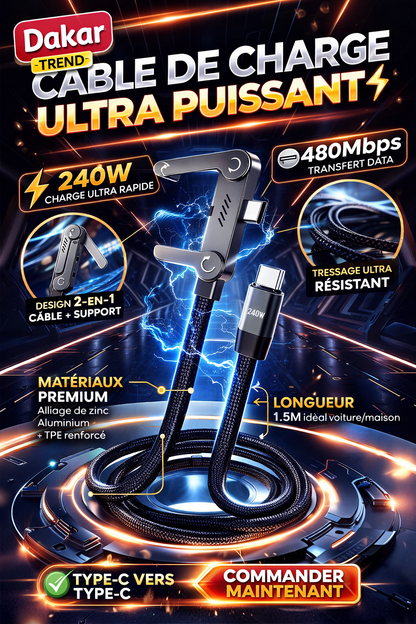 Câble Charge Ultra Rapide 240W avec Support Téléphone Intégré – Regardez Vos Vidéos Pendant la Charge | Dakar Trend