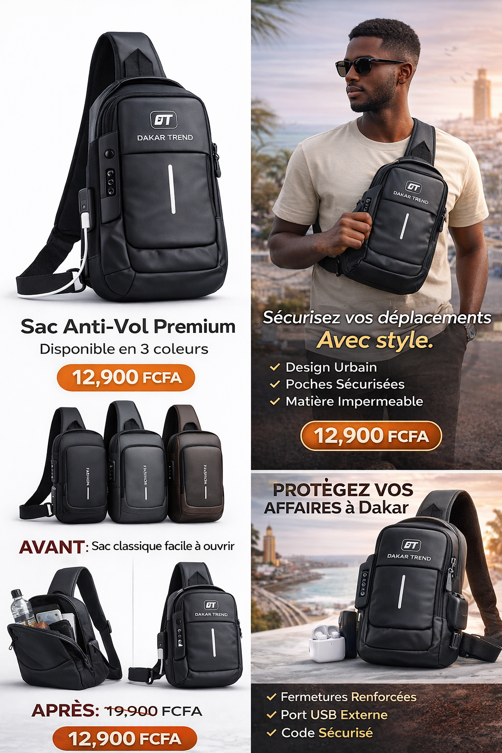Sac Bandoulière Anti-Vol Premium – Sécurisez vos déplacements à Dakar