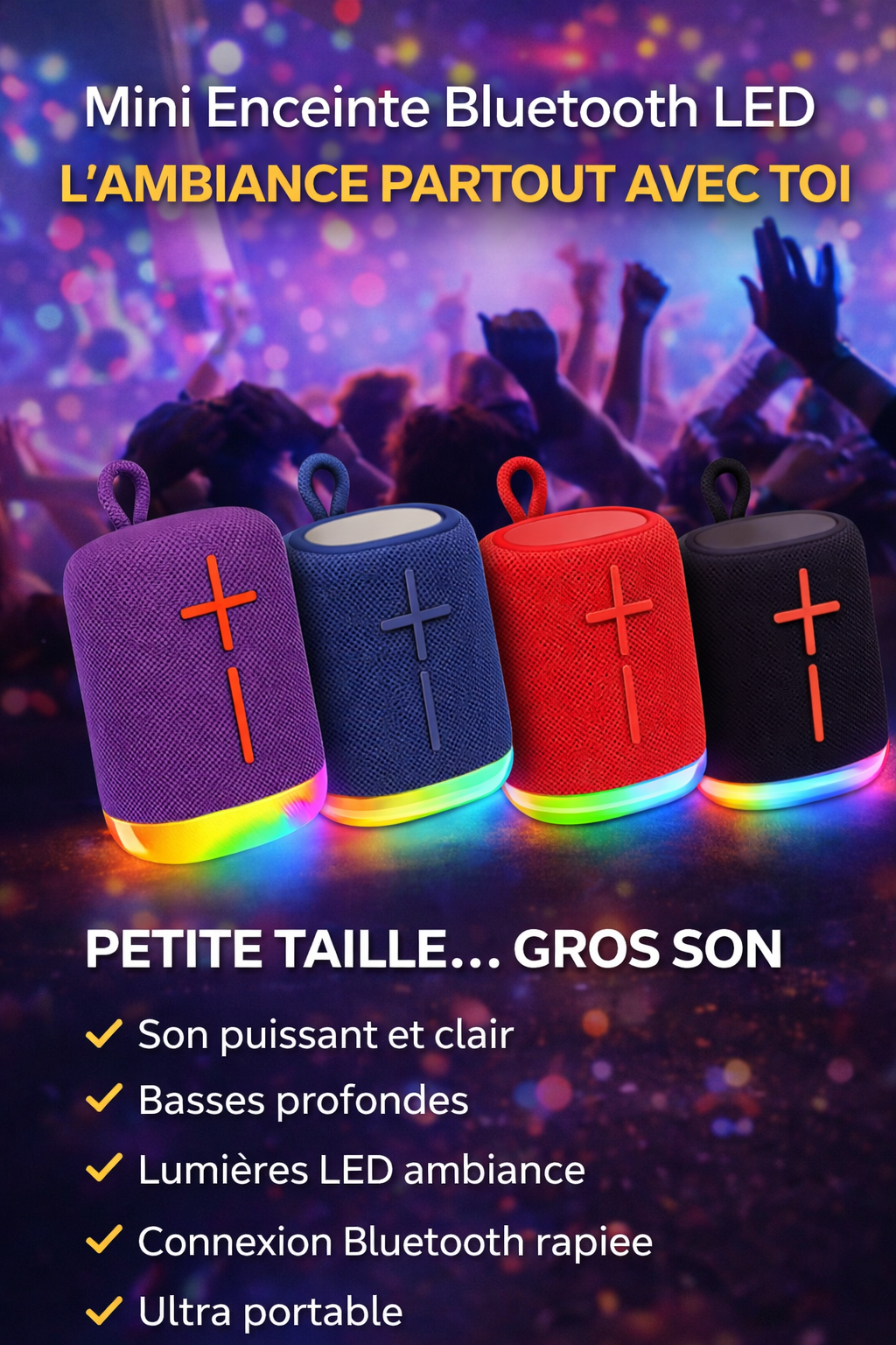 🔊 MINI ENCEINTE BLUETOOTH LED – L’AMBIANCE PARTOUT AVEC TOI