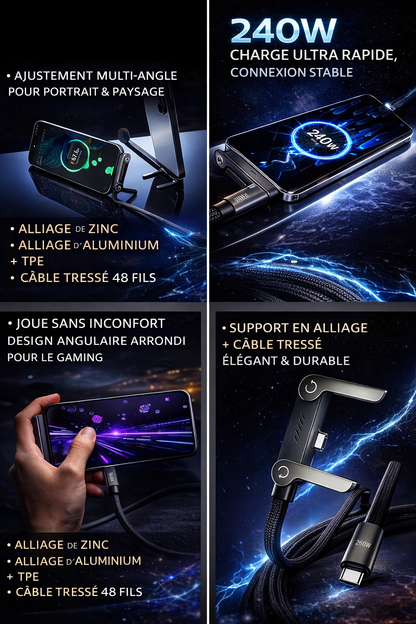 Câble Charge Ultra Rapide 240W avec Support Téléphone Intégré – Regardez Vos Vidéos Pendant la Charge | Dakar Trend